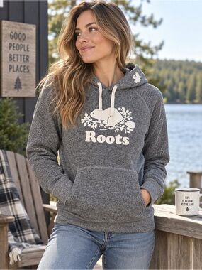 Roots Canada Womens XS Salt & Pepper Gray Beaver Logo Pullover Hoodie